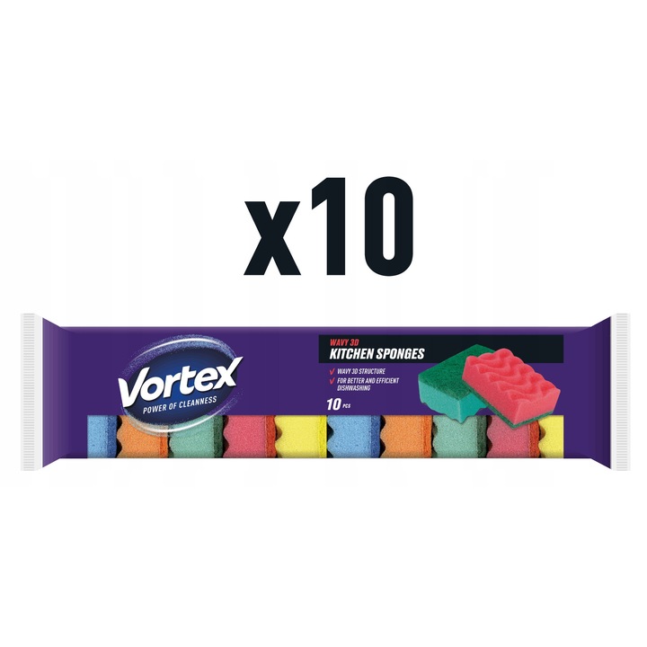 Set de bureti de bucatarie, Vortex, 3D Wave, 10 bucati, 100 de bucati intr-o cutie, curatare eficienta, delicat cu suprafetele, forma ergonomica, durabilitate ridicata, multicolor, spuma poliuretanica + strat abraziv, structura cu doua straturi, ideal