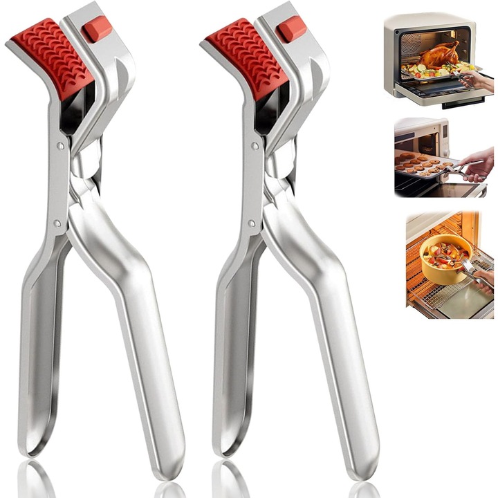 Set 2 Clesti pentru Farfurii si Boluri Fierbinti Omelivon®, Anti-Oparire, Inox si Silicon Anti-Alunecare, pentru Cuptor, Friteuza cu Aer, Cuptor cu Microunde, Argintiu/Rosu