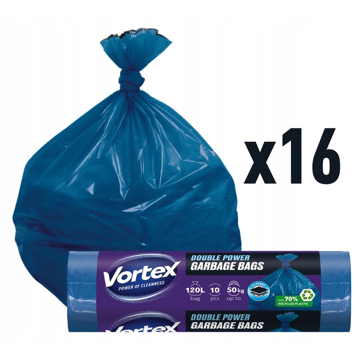 Saci de gunoi, Vortex, 120l, 70x110 cm, rezistenti, strat dublu, rezistenti la rupere, etansi, albastri, set de 16 role (total 160 buc), material LDPE, utilizare universala, ideali pentru gospodarii si