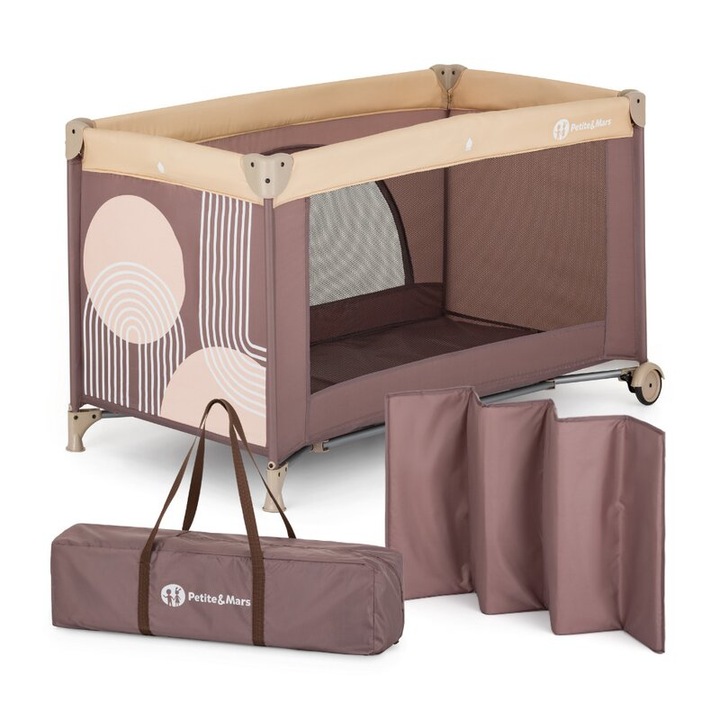 Patut pliant, Petite&Mars, Nyja, 120 x 60 cm, Cu roti, Functie de tarc, Pliere compacta, Include geanta de transport, Intrare laterala cu fermoar, Pereti din plasa, Pana la 15 kg, 0-30 luni, Mocha