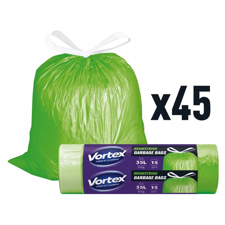 Saci de gunoi Vortex, universali, 35l, 15 bucati, cu snur de strangere, durabili, verzi, material HDPE, usor de inchis, dimensiuni compacte 51x53