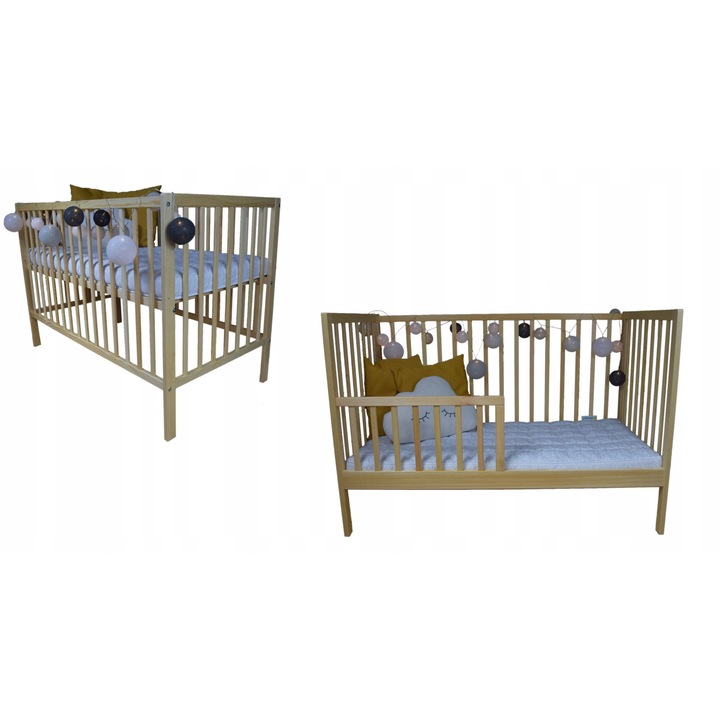 Бебешко легло Bobas, 60x120см, 3 нива на височина, 3 пръчки, цвят бор, с бариера за преобразуване в тапицирано легло