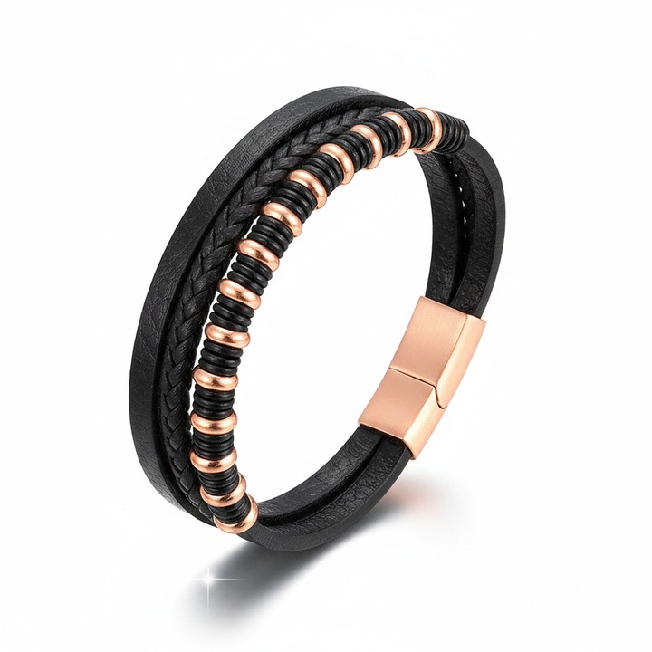 Bratara Barbati din Piele Naturala si Otel Inoxidabil Cadou Elegant Multi-strat Gold Pentru El