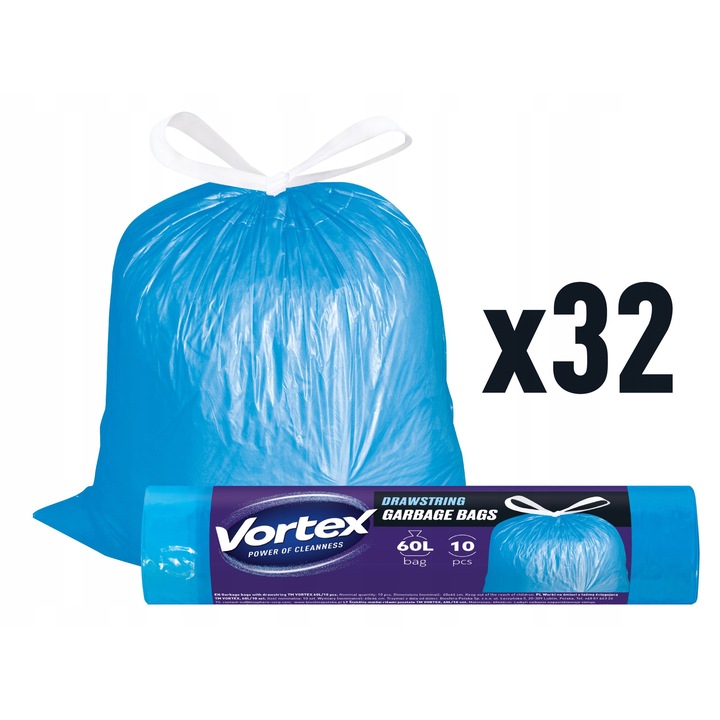 Saci de gunoi Vortex, cu snur de strangere, 60l, 10 bucati, rezistenti, durabili, pentru deseuri mixte, albastri, set de 320 bucati, material rezistent la rupere, usor de utilizat, utilizare