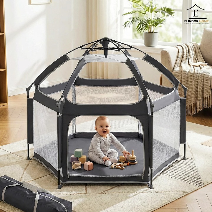 Tarc de Joaca pentru Bebelusi si Copii Elindor® Tip Cort, Spatiul Sigur de Joaca, Plasa de Protectie UV, Include Usa cu Fermoar, Materiale Eco-Friendly si Non-Toxice, Varsta 1-3 ani, 150 x 122 cm, Gri