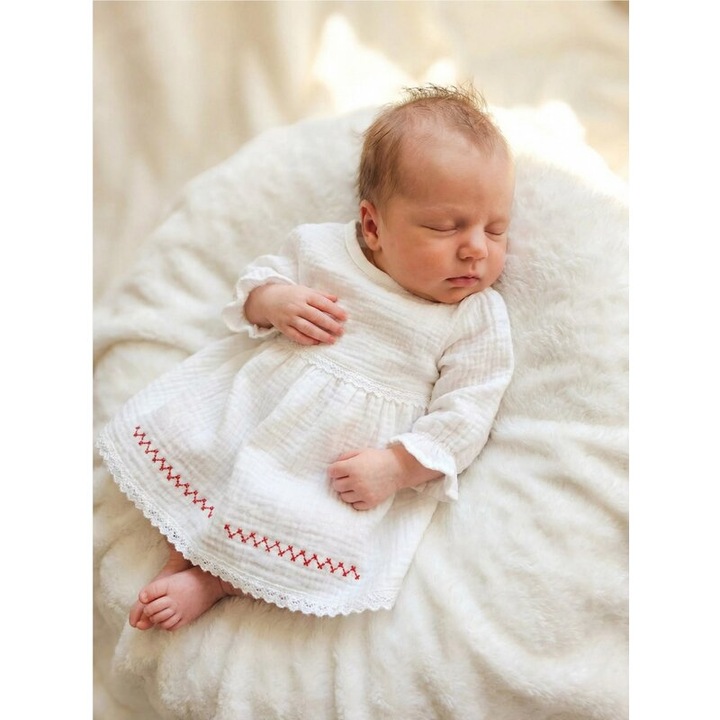 Rochiță botez PRICHINDEL, manecă lungă, broderie, alb, 52-62 CM