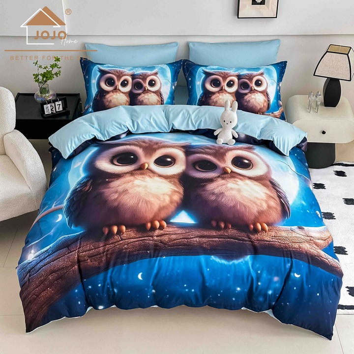 Ágynemű, gumis, 6 részes, 2 személyes, 5D, 180x200 cm, Jojo home, bagoly mintás