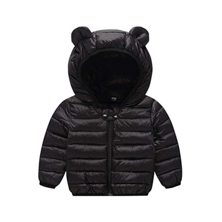 Geaca matlasata copii, JiAmy, usoara, cu urechi, neagra, noua, 100 CM