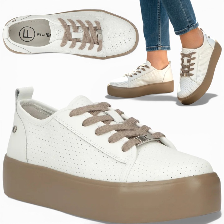 Pantofi Sport Dama, Filippo, Piele Naturala, Alb Si Bej, Talpa Inalta, Comozi, Negru