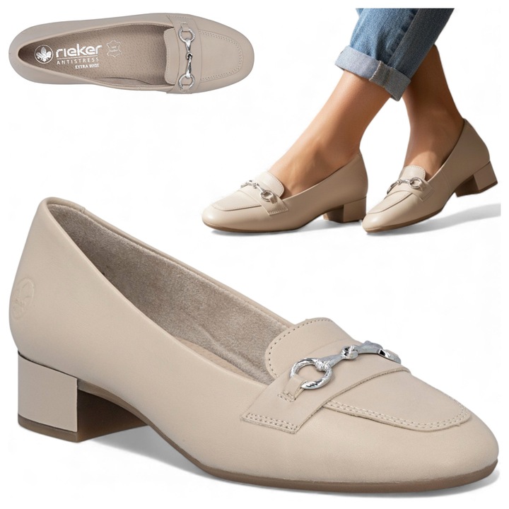 Pantofi Dama Eleganti, Rieker, Piele Naturala, Bej, Comozi, Cu Toc Mic, Stil Clasic 39