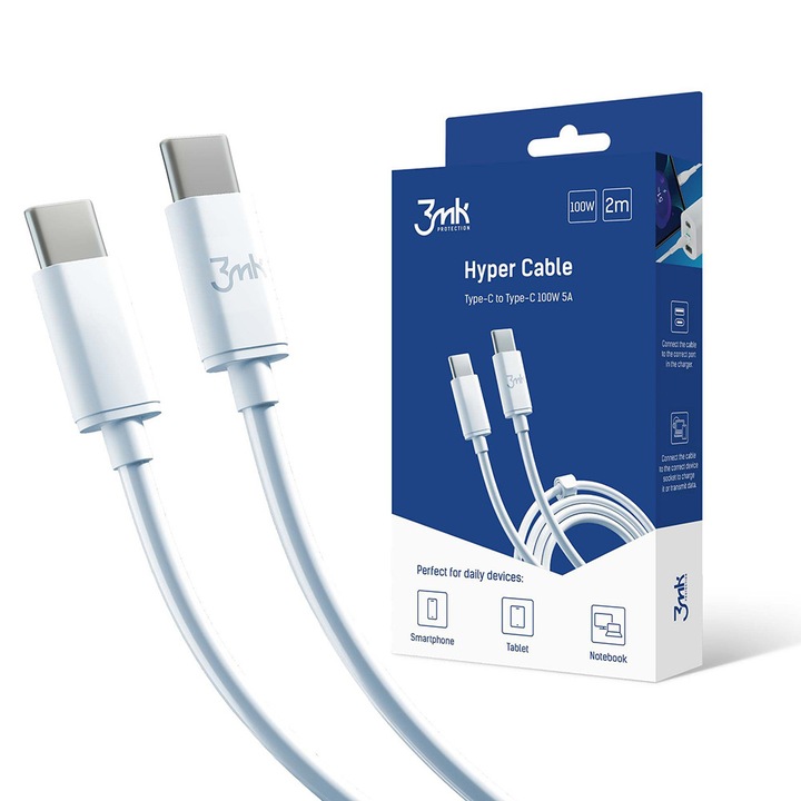 Cablu de date/incarcare Data Cable Hyper USB C to USB C, 100W, 5A, 2m Alb