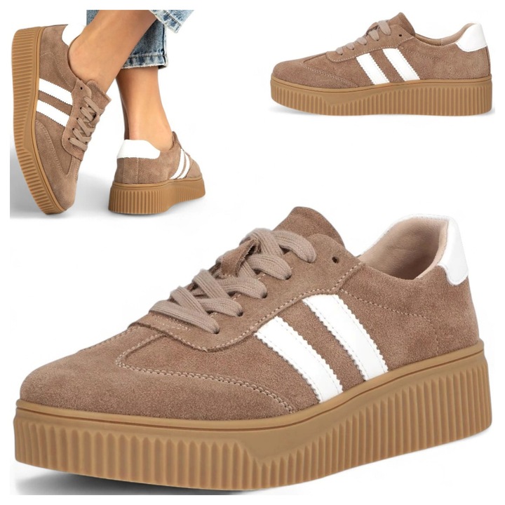 Női sportcipő, Filippo, természetes bőr, kényelmes, modern, vastag talpú, Bézs