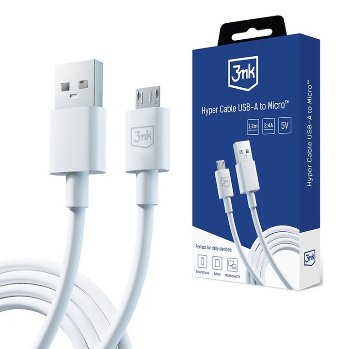 Cablu de date/incarcare Data Cable Hyper USB A to Micro USB, 5V, 2.4A, 1.2m Alb