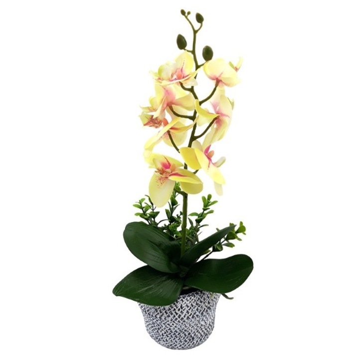 Ghiveci din ceramica, cu orhidee din plastic, 13x40 cm, galben