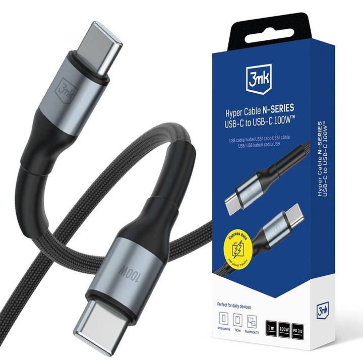 Кабел за данни и зареждане USB-C към USB-C, 1 м, 3mk, черен