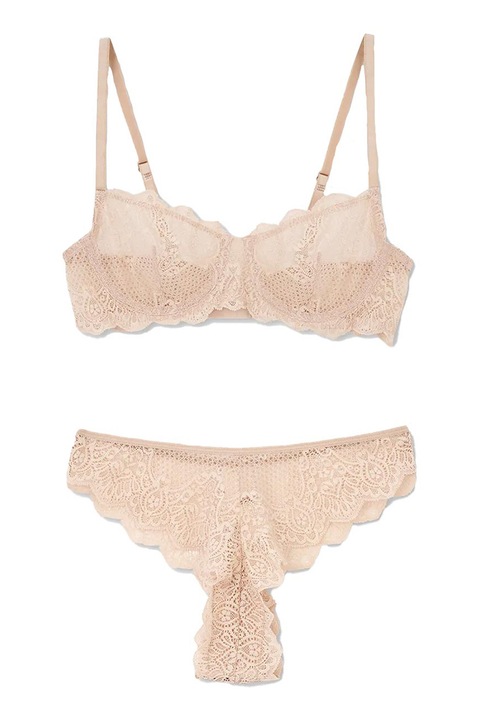 EROS, Set de sutien balconette din dantela si chiloti brazilieni - 2 piese, Bej deschis, 90B