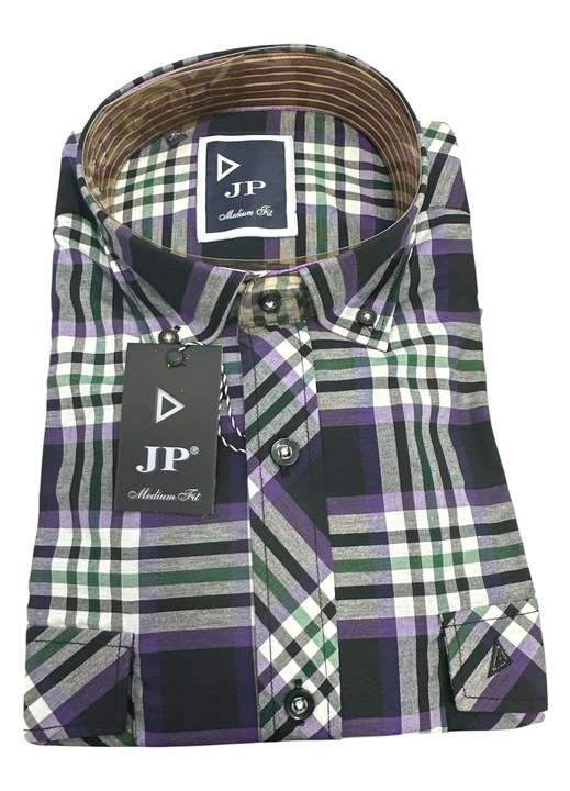 Férfi indigókockás ing, rövid ujjú, slim fit, pamut-poliészter, pléd