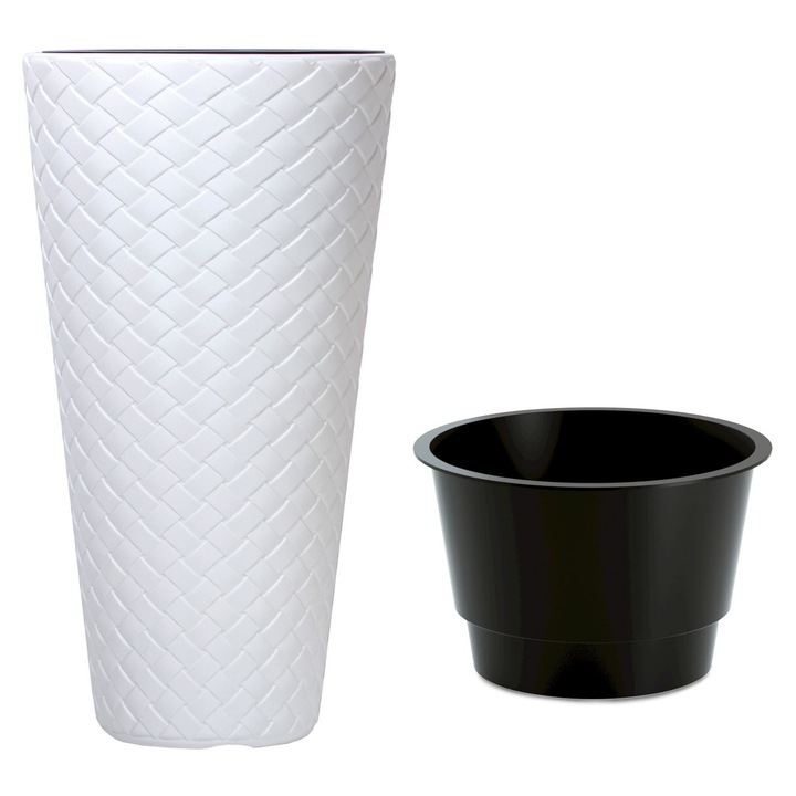 Ghiveci plecionat Slim DPMT300, Prosperplast, alb, 30x55cm, set cu insertie