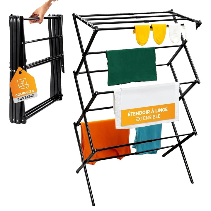 Uscator rufe pliabil, extensibil, 11 bare, negru, 10-12 kg