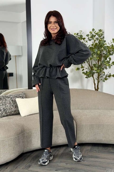 Ramona Badescu Exclusive,Trening din amestec de bumbac cu volane Love, Gri inchis