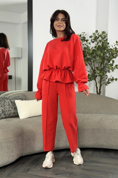 Ramona Badescu Exclusive,Trening din amestec de bumbac cu volane Love, Rosu vermillion