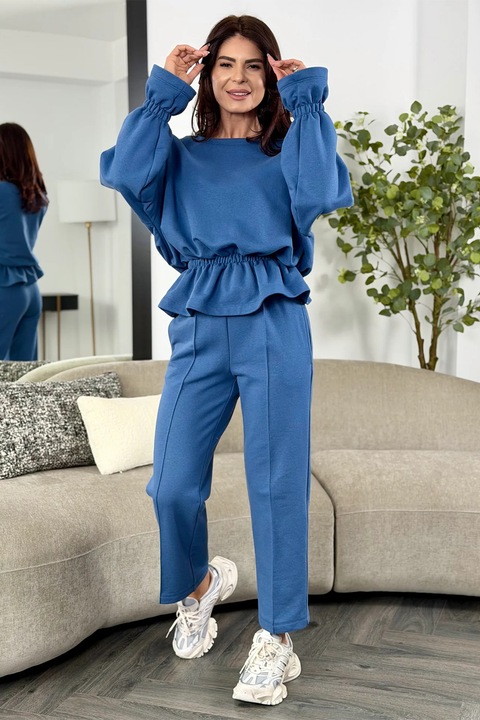 Ramona Badescu Exclusive,Trening din amestec de bumbac cu volane Love, Albastru royal