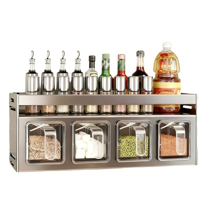 Suport condimente, design montat pe perete, 4 borcane, dimensiuni 37x13x14cm, transparent