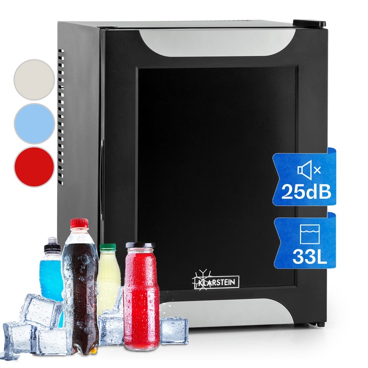 Mini-frigider Klarstein Happy Hour, negru cu ușă decorativă, 33L, silențios, clasa G