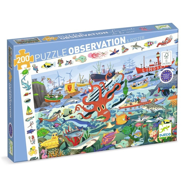 Puzzle Observatie Secretele marii, Djeco, 200 piese, 61 x 38 cm, +6 ani