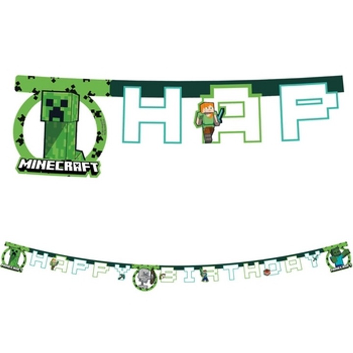 Banner petrecere Happy Birthday Minecraft, multicolor, 200x20x0,5cm
