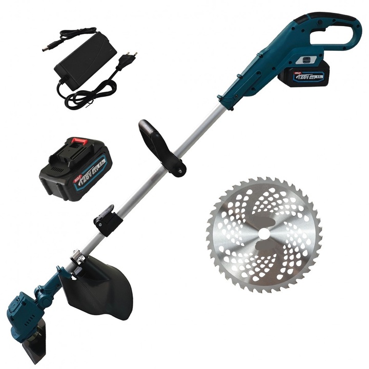 Motocoasa electrica 128V, acumulator 8Ah x2, cu taiere tambur si fir, echipament puternic pentru gazon si iarba