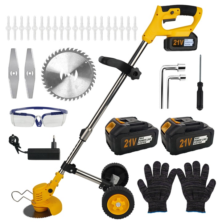 Motocoasa Electrica Profesionala，Masina de tuns iarba electrica cu 3 tipuri diferite de lame, taietor telescopic reglabil cu tija, taietor de iarba，21v Motocoasa electrica cu 2 acumulatori