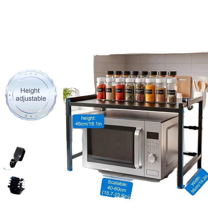 Mikrohullámú sütő polc, kihúzható kivitel, strapabíró vas szerkezet, fekete, 2 szintes