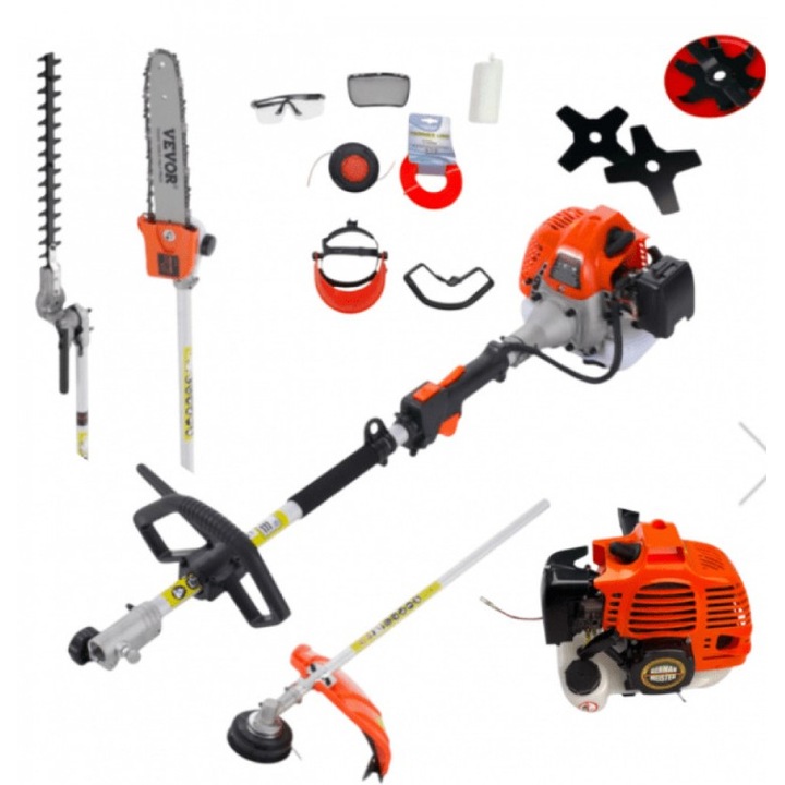 Motocoasa pe benzina German Meister 52cc, 5.2 CP, motor 2 timpi, diametru taiere mare, cu disc si fir nylon, ham inclus, motocositoare pentru iarba si buruieni