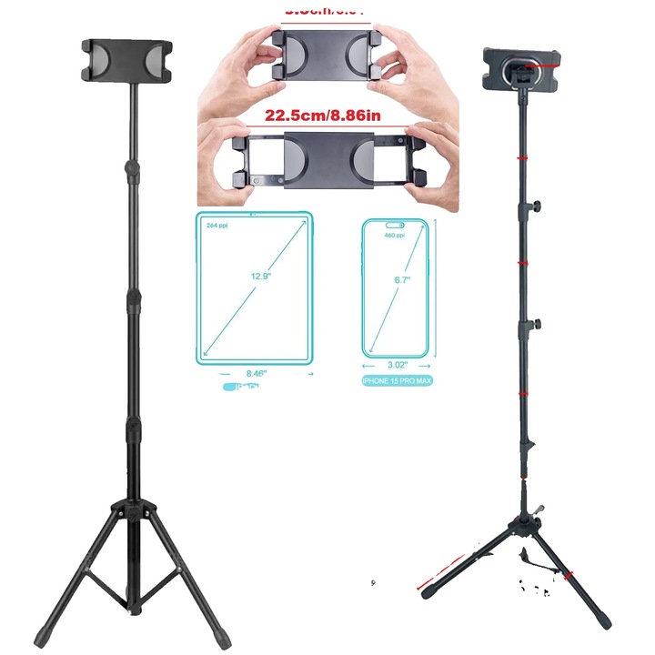 Telefon és tablet tartó, állítható magasságú, összecsukható design, fekete
