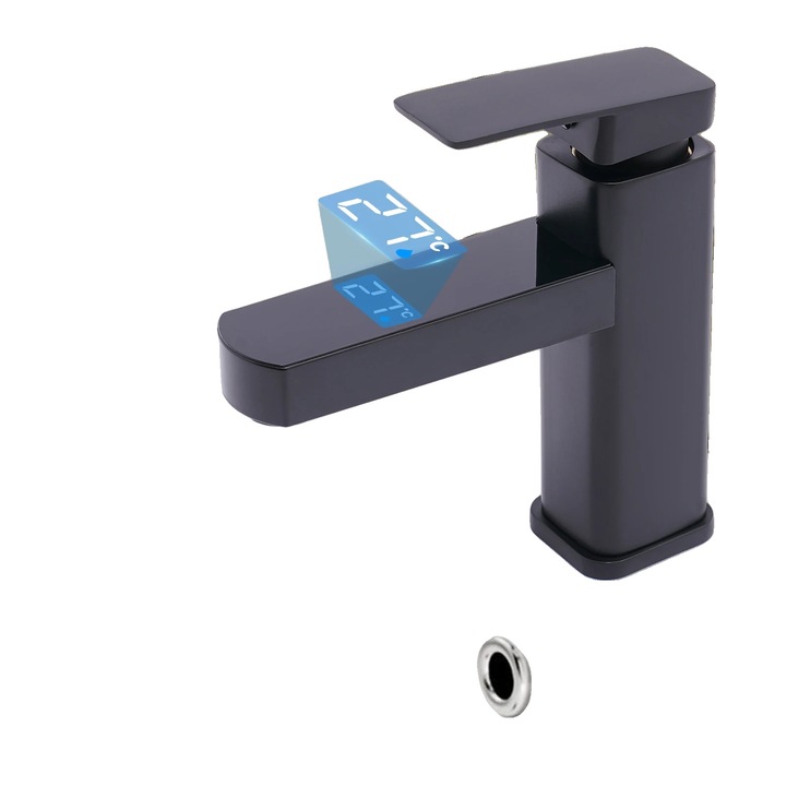 Csaptelep digitális kijelzővel, hideg és melegvíz keverővel, munkalapra szerelhető, rozsdamentes acélból, 10.5x17.5cm