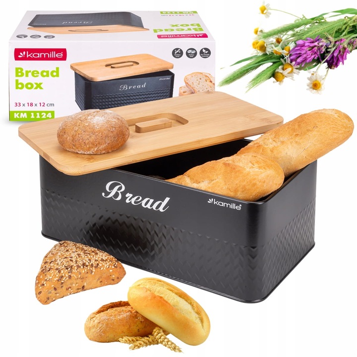 Cutie pentru pâine Kamille din oțel, capac din bambus, 30x15x10cm