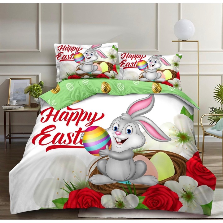 Lenjerie de pat dublu Paste / Happy Easter, Fara Elastic, 200 x 230, Bumbac 100%, Imprimeu ca in poza, Iepure Gri cu Alb