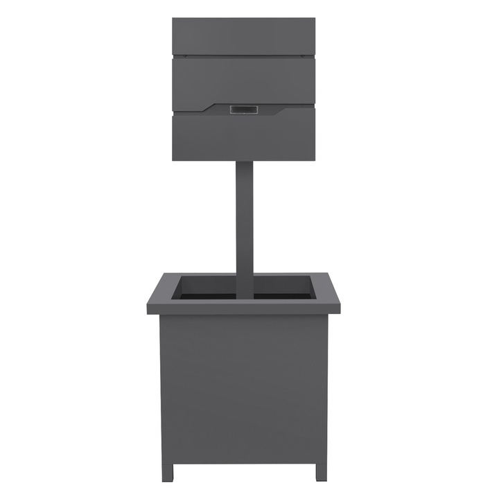 Set cutie postala exterioara ML-Design cu suport si jardiniera din metal de culoare antracit, compartiment pentru reviste si placuta, design modern, stalp rezistent la intemperii, include material de fixare si 2 chei