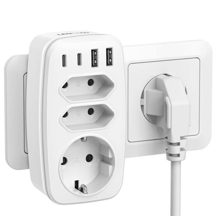 Троен разклонител, разклонител с USB LENCENT®, 1 контакт Schuko+2 евро контакта, 2 USB C+2 USB A, МАКС 4000W(250V 16A), CE маркировка, защита от пренапрежение и защита за деца, разклонител с множество контакти за дома и офиса, 750 ℃ огнеустойчив