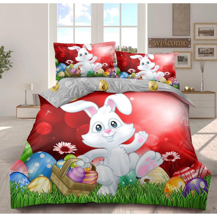 Lenjerie de pat dublu Paste / Happy Easter, Fara Elastic, 200 x 230, Bumbac 100%, Imprimeu ca in poza, Iepure Gri cu Oua Colorate