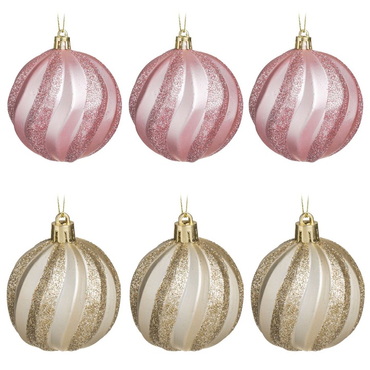 Rózsaszín és Pezsgő Színű Karácsonyi Gömb Szett Dombornyomott Csíkokkal és Csillámmal O8cm - 6db