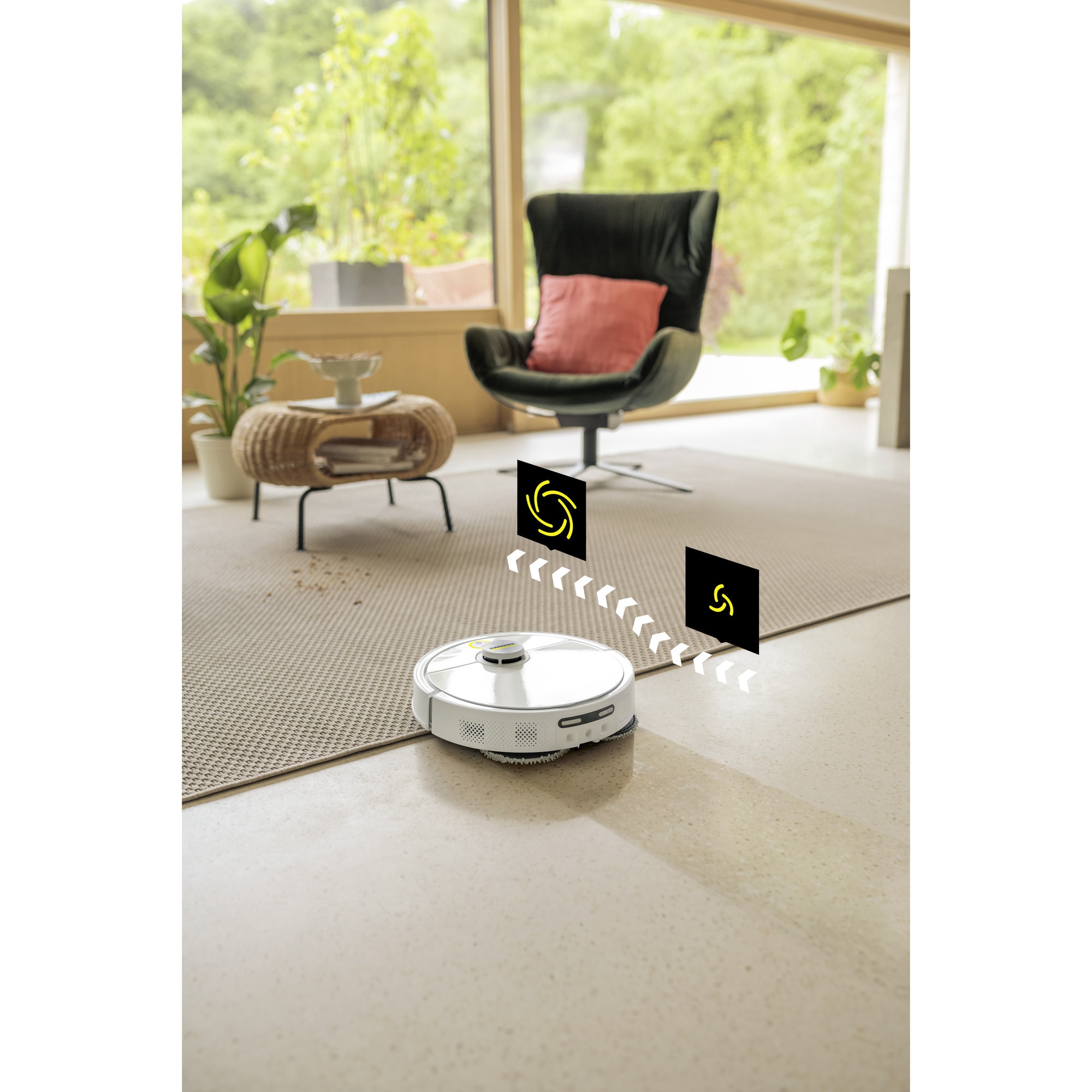Robot de aspirare cu mop Karcher RVM 4 Comfort Extra,1.269-133.0 spalare cu role rotative, autonomie 130 min, max 15000 Pa, statie multifunctionala, navigatie LiDAR, sistem laser dublu, camera video, detecteaza si evita cu usurinta orice obstacol, alb