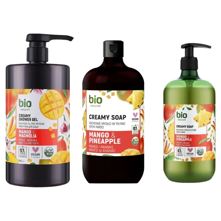 Set Bio Naturell 3, Gel de duș cremos Mango&Magnolie 946ml, Sapun cremos Mango&Pineapple 473ml
