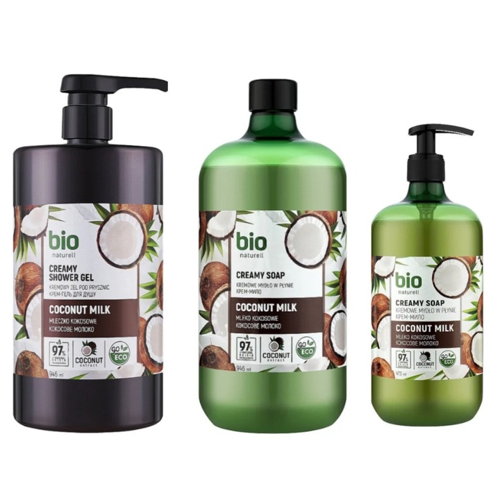 Set Bio Naturell 3, săpun cremos lapte de cocos, gel de duș cremos lapte de cocos, unisex, normal