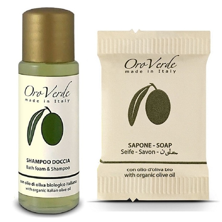 Set Cosmetice Hoteliere OroVerde, 100 x Sampon și Gel de Dus 20 ml, 100 x Sapun 12 g cu Ulei de Masline, Unisex