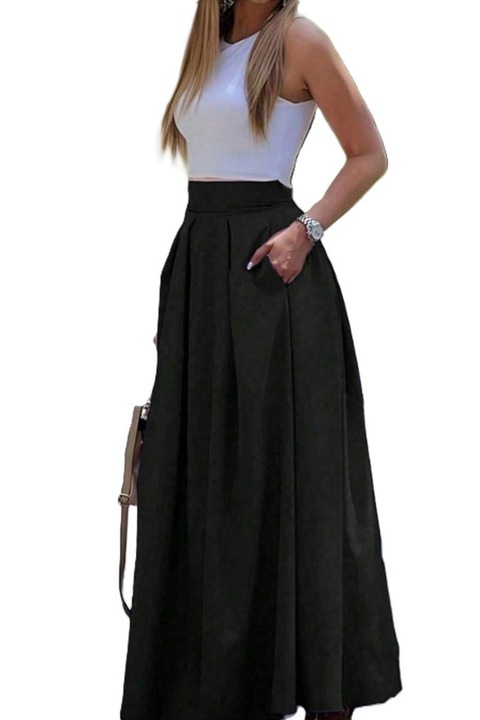 Fusta Dama, Talie Inalta, Croiala In A, Cu Buzunare Laterale, Negru