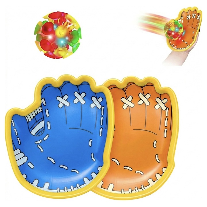 Joc Interactiv de Exterior pentru Copii, Set 2 Palete Ergonomice Tip Manusa si Minge cu Ventuze si Efecte Luminoase, Catch & Toss Game, Albastru/Portocaliu