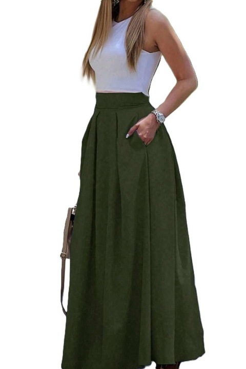 Fusta Dama, Talie Inalta, Croiala In A, Cu Buzunare Laterale, Verde inchis