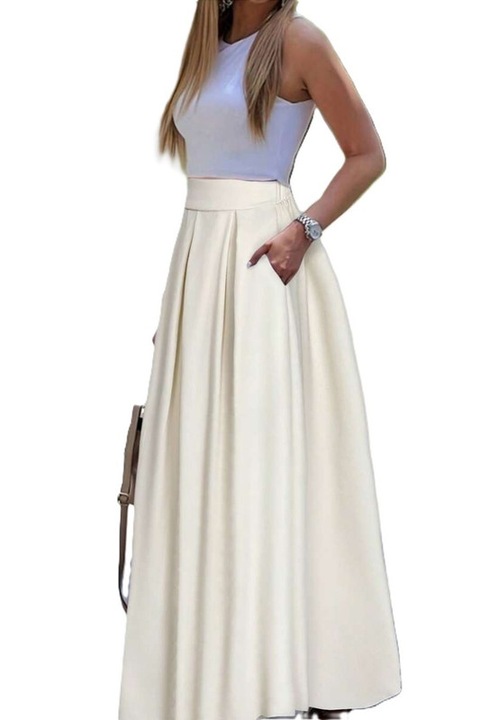 Fusta Dama, Talie Inalta, Croiala In A, Cu Buzunare Laterale, Crem